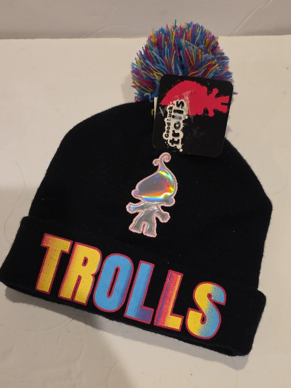Trolls Black Beanie with Multicolor Pom and Holographic Troll Patch Nwt